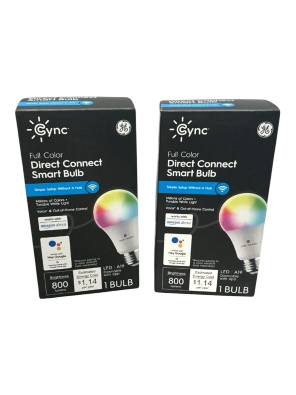 Lot of 2 GE Cync Full Color Direct Connect LED Smart Bulbs, A19